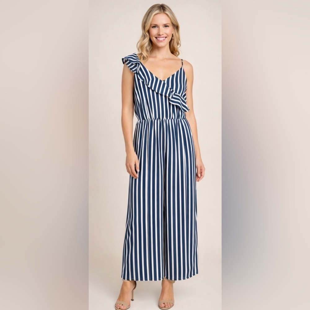 Bar III Blue and White Striped One-Shoulder Jumpsuit